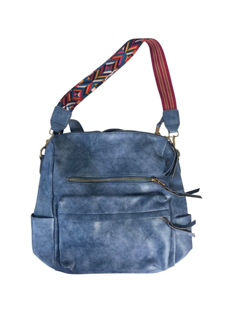Blue Faux Leather Shoulder Bag Back Pack Multicolor Strap Blue